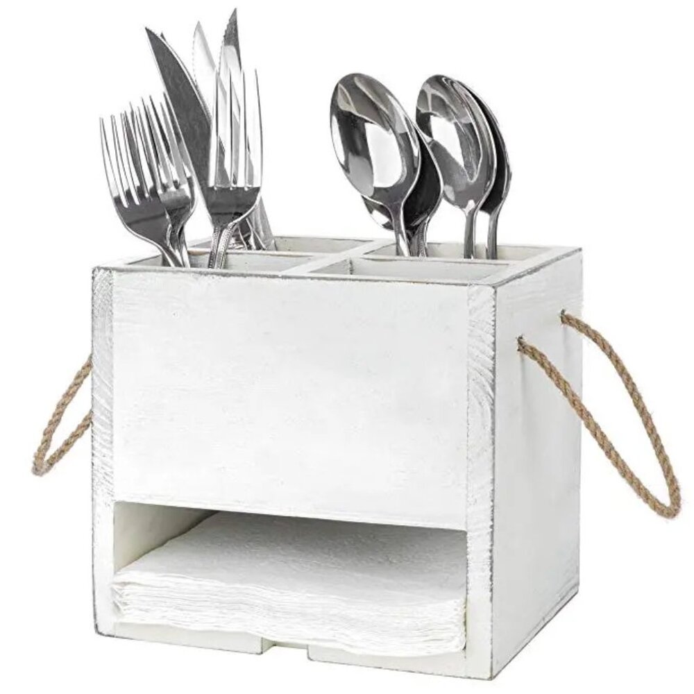 Silverware Caddy With Handle, Wooden Utensil Napkin Holder Utensil Organizer